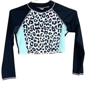 Circo Girl’s Cheetah Print Rash Guard Swimsuit Top Sky Blue Black White